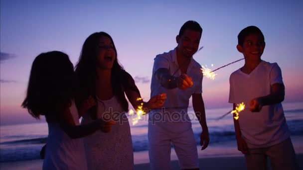 Famille s'amuser au coucher du soleil avec des étincelles — Video