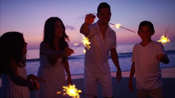 Family partying on the beach with sparklers — Stock Video