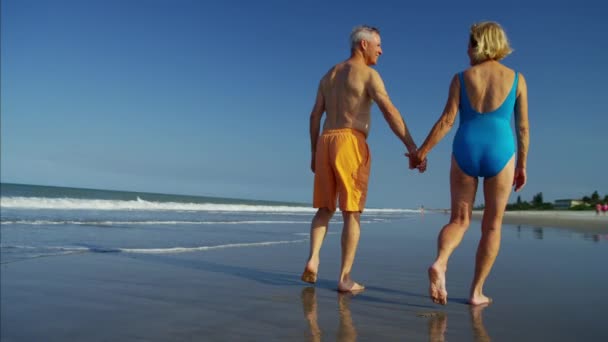 Personas mayores caminando en la playa — Vídeo de stock