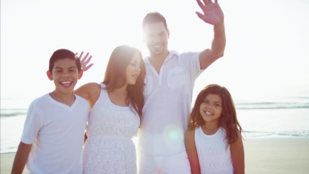Família acenando as mãos na praia — Vídeo de Stock