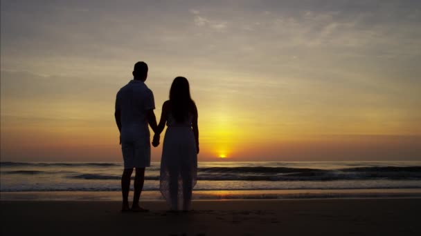 在日落时对夫妇享受海滩 — 图库视频影像