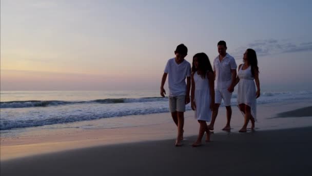 在海滩上散步的家庭 — 图库视频影像