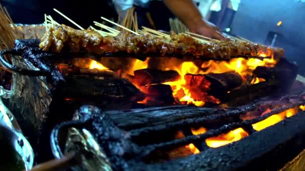 Kyckling satay matlagning över öppen eld — Stockvideo