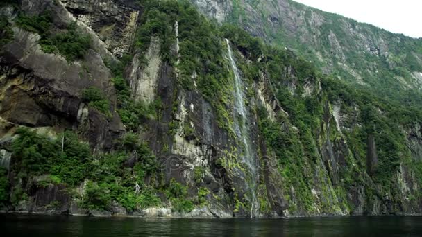 Βουνό καταρράκτη στο Milford Sound — Αρχείο Βίντεο