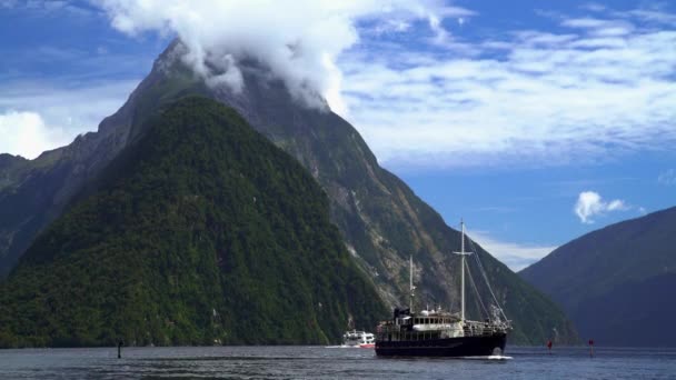 Barco turístico en Mitre Peak — Vídeos de Stock