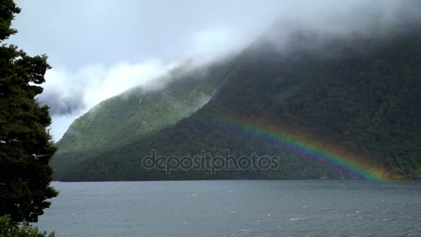 Rainbow over water van Milford Sound — Stockvideo
