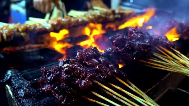 Το φαγητό του δρόμου Ασίας κρέας satay — Αρχείο Βίντεο