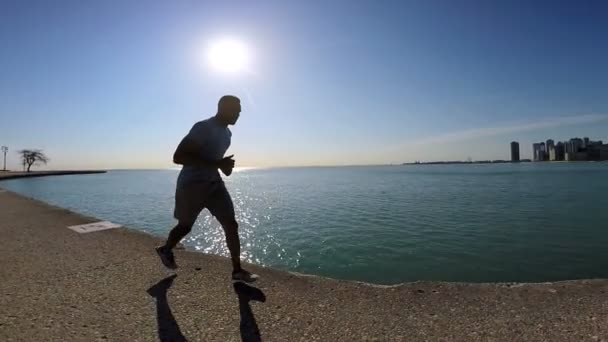 Αρσενικό τρέχει κατά μήκος της ακτογραμμής του Σικάγο — Αρχείο Βίντεο