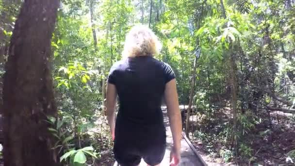 Mujer caminando por la vegetación del bosque — Vídeos de Stock