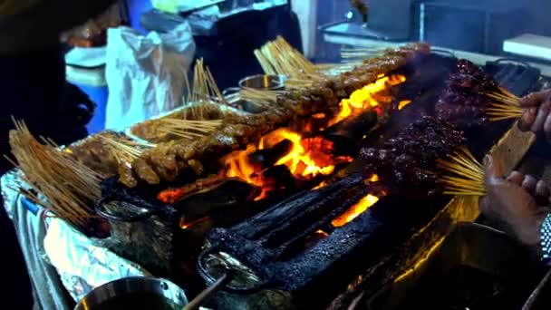 Pollo satay cocinar sobre fuego abierto — Vídeo de stock