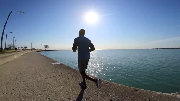 Man loopt langs de kustlijn van de Chicago — Stockvideo