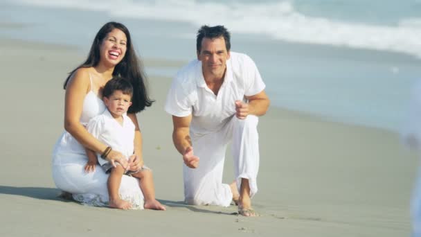 父母与儿子在沙滩上 — 图库视频影像