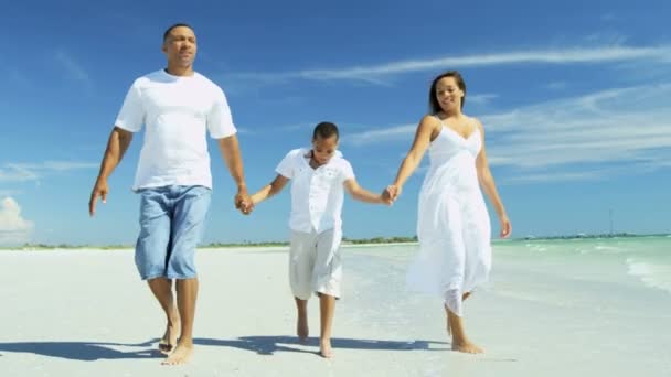 Padres e hijo relajándose en la playa — Vídeo de stock