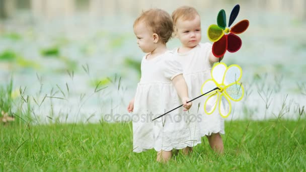 Gêmeos se divertindo com pinwheel — Vídeo de Stock