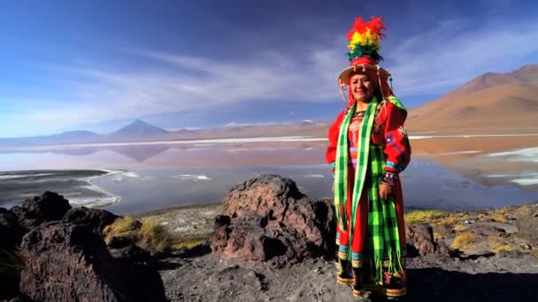 Mujer boliviana por el lago Flamingo — Vídeo de stock