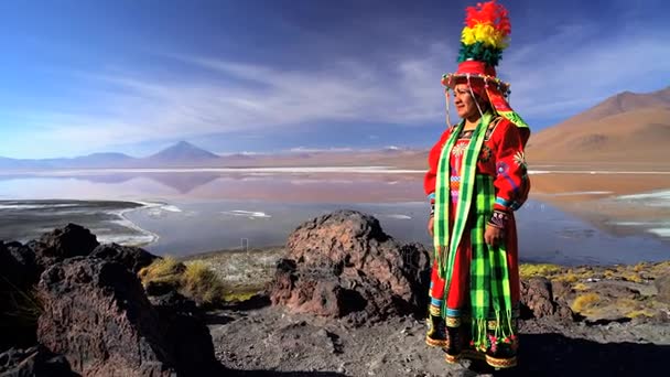 Bolivian female by Flamingo Lake — Stock Video