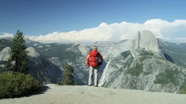 Excursionista viendo el Parque Nacional Yosemite — Vídeos de Stock
