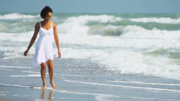 Vrouwelijke genieten van ontspanning aan strand — Stockvideo