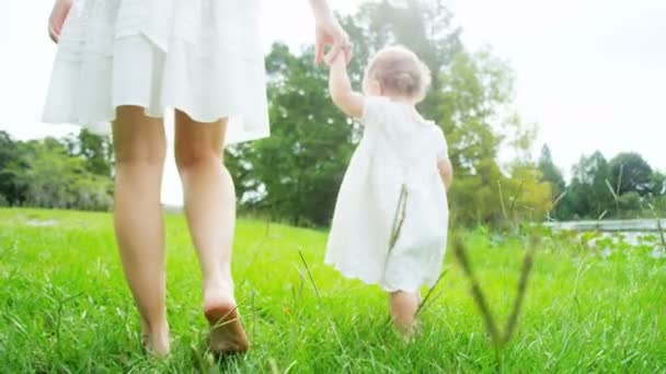 Fille marchant pieds nus sur l'herbe — Video