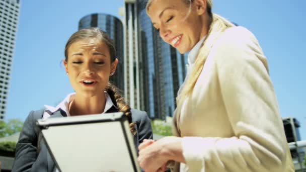 Female congratulated by colleague — Stock Video