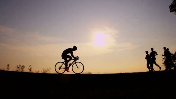 Corredores y ciclista de entrenamiento — Vídeos de Stock