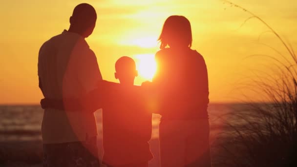 Familie genieten van de zonsondergang — Stockvideo