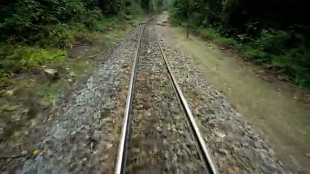 Train travelling along the Hiram Bingham Railroad trail — Stock Video