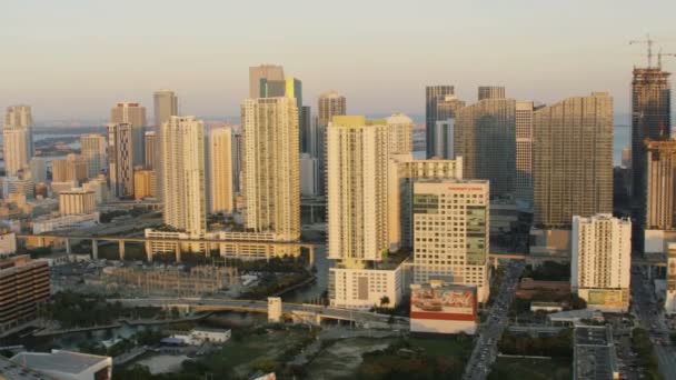 Staden skyskrapor i solnedgången, Miami — Stockvideo