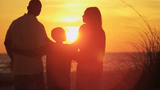 Parents and kid spending time on beach — Stock Video