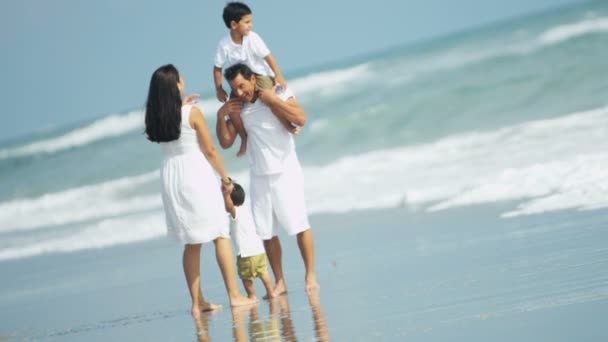 Family walking on the wet sand — Stock Video