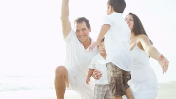 Parents avec enfants jouant le long de la plage — Video