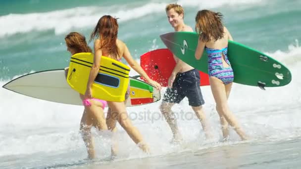 Familia caminando en las aguas poco profundas del mar — Vídeo de stock