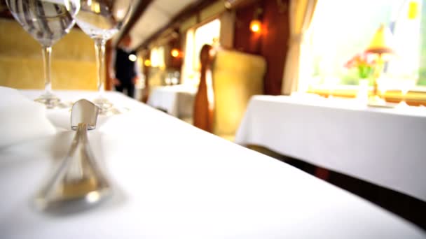 Waiters walking in the dining carriage of train — Stock Video