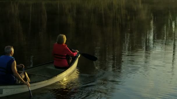 Пара в каноэ на озере — стоковое видео