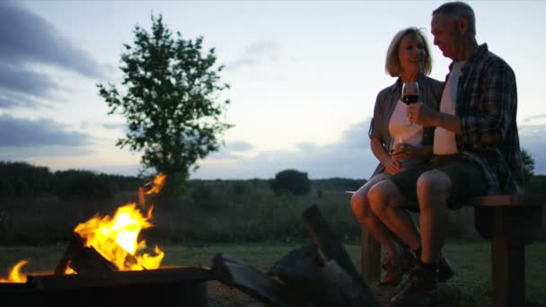 Paar sitzt am Lagerfeuer — Stockvideo