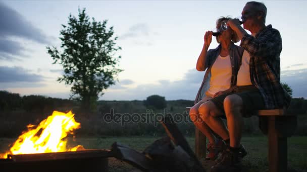 Paar sitzt am Lagerfeuer — Stockvideo