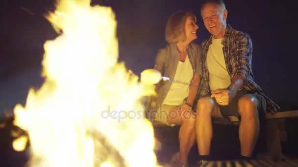 Casal brindar marshmallows sobre a fogueira — Vídeo de Stock