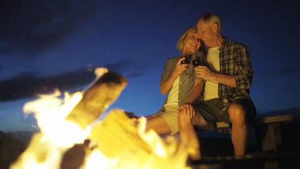 Senioren sitzen am Lagerfeuer — Stockvideo