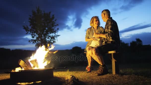 夜のキャンプファイヤーを楽しむカップル — ストック動画