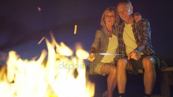 Casal tostando marshmallows sobre uma fogueira — Vídeo de Stock