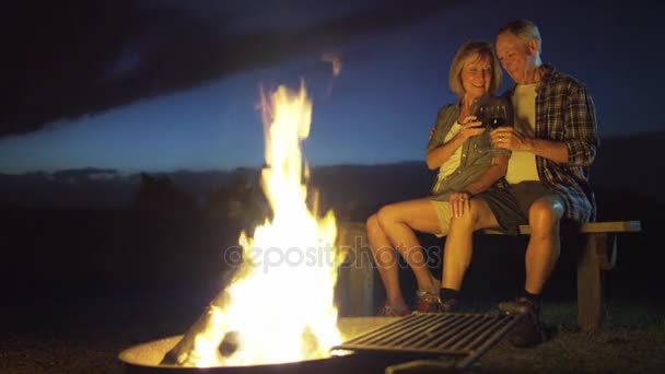 Paar sitzt am Lagerfeuer — Stockvideo