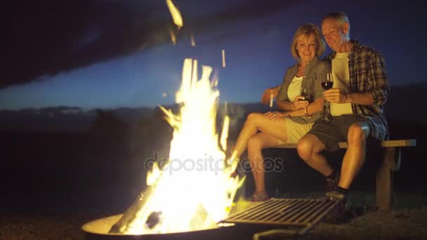 Senioren sitzen am Lagerfeuer — Stockvideo