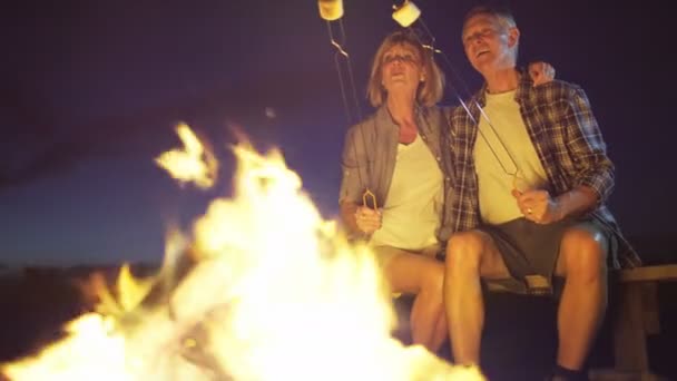Par rostning marshmallows över en lägereld — Stockvideo