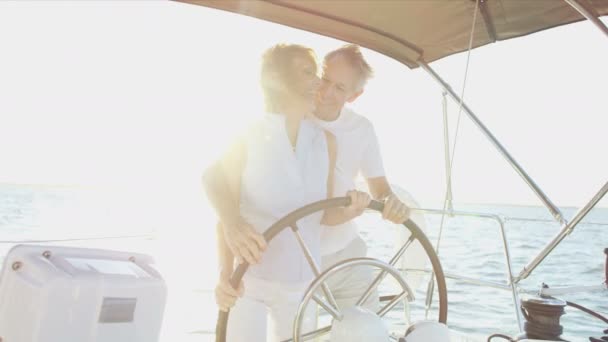 Couple at yacht on the ocean — Stock Video