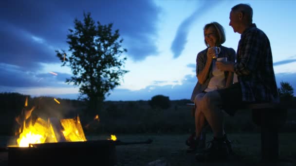 Couple profiter du feu de camp du soir — Video