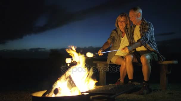 Senioři oasting marshmallows nad ohniště — Stock video