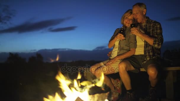 Seniors chilling near campfire — Stock Video