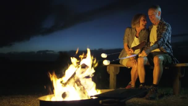 Couple oasting marshmallows over a campfire — Stock Video