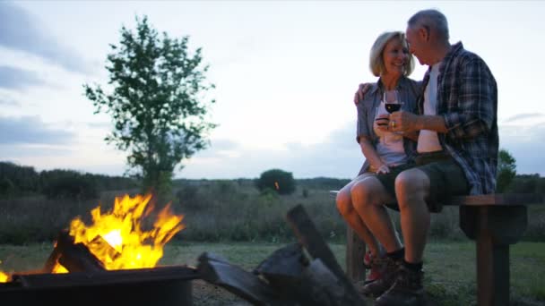 Paar sitzt am Lagerfeuer — Stockvideo