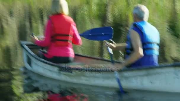 Couple canoeing on lake — Stock Video